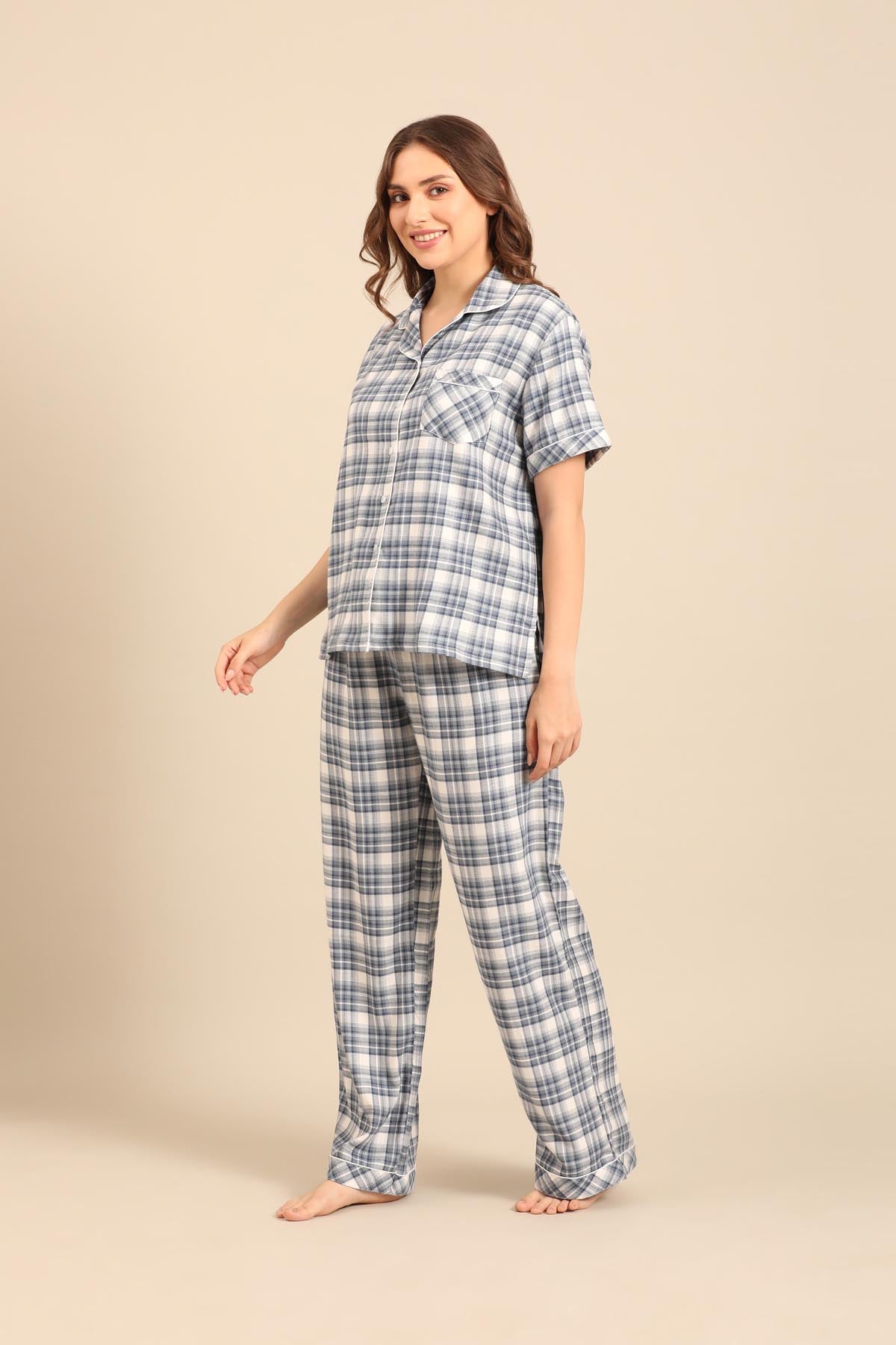 Ivana Check Cotton Twill Women's Pajama Set - Half Sleeves