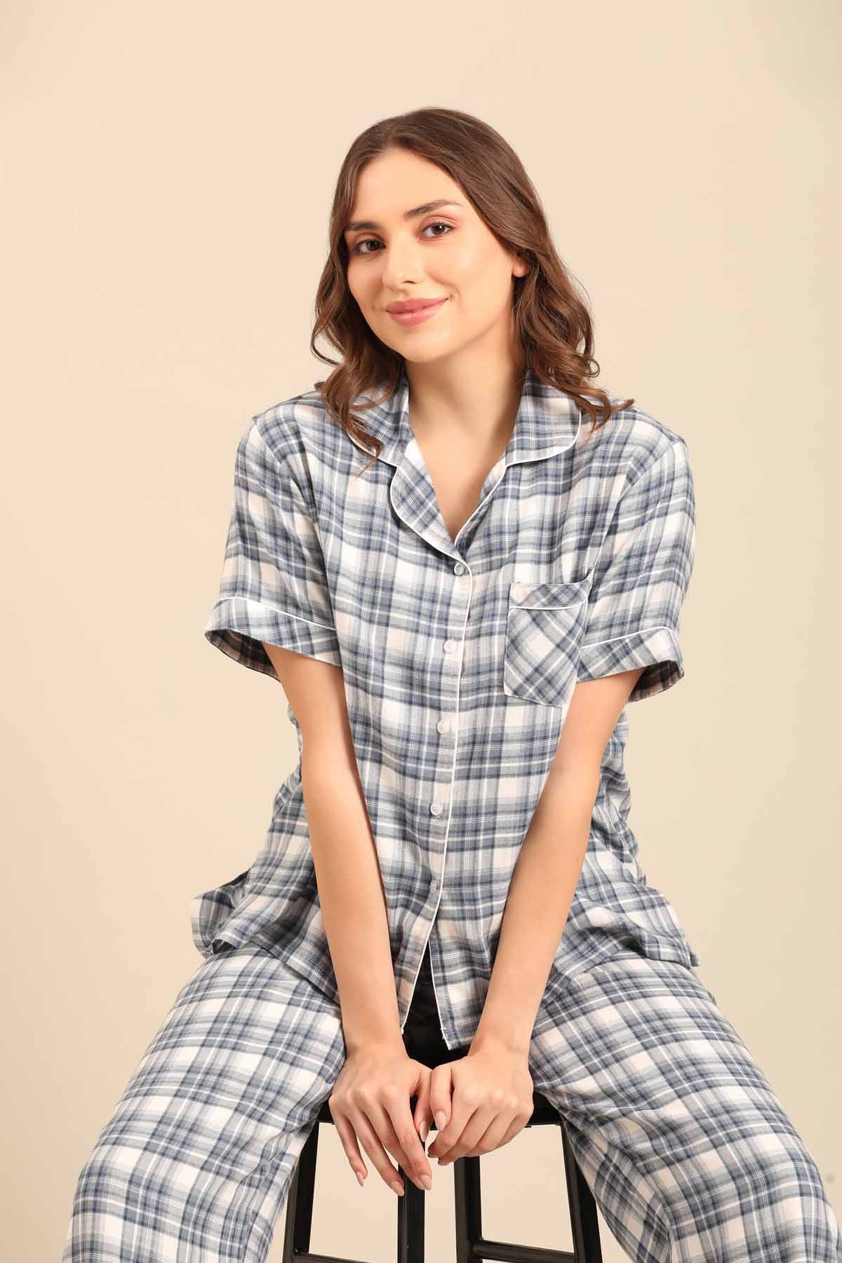 Ivana Check Cotton Twill Women's Pajama Set - Half Sleeves
