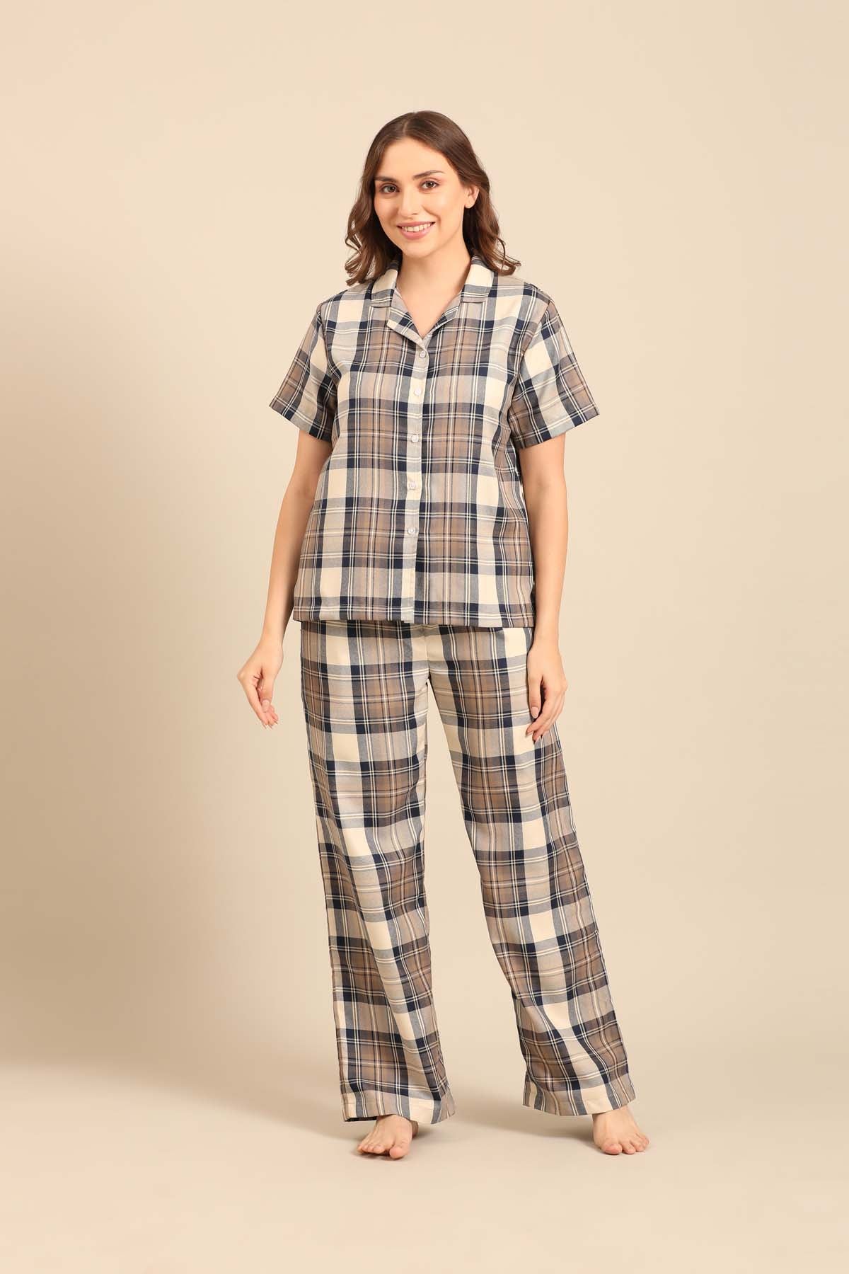 Georgia Plaid Cotton Twill Women's Pajama Set - Half Sleeves