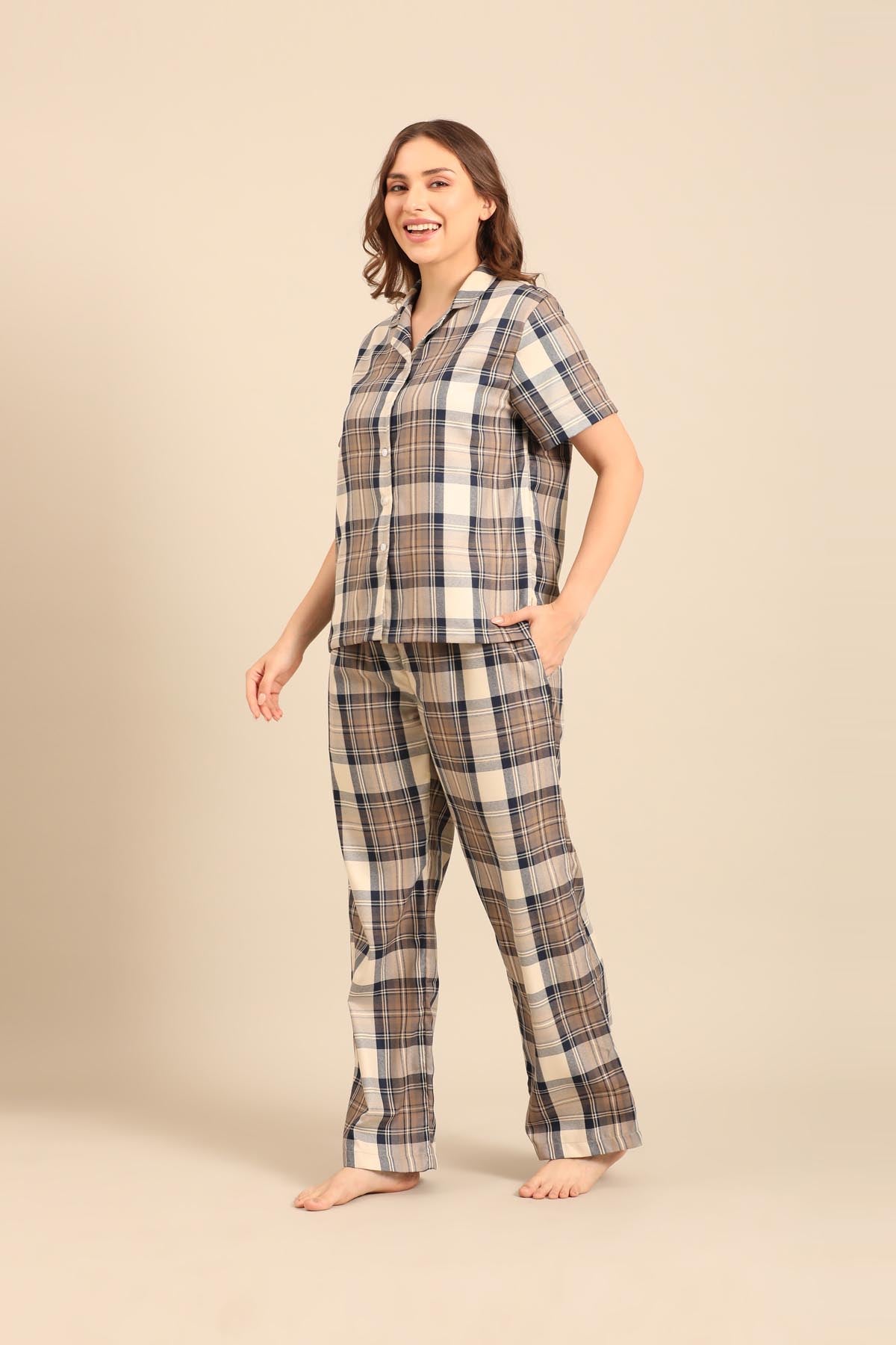 Georgia Plaid Cotton Twill Women's Pajama Set - Half Sleeves