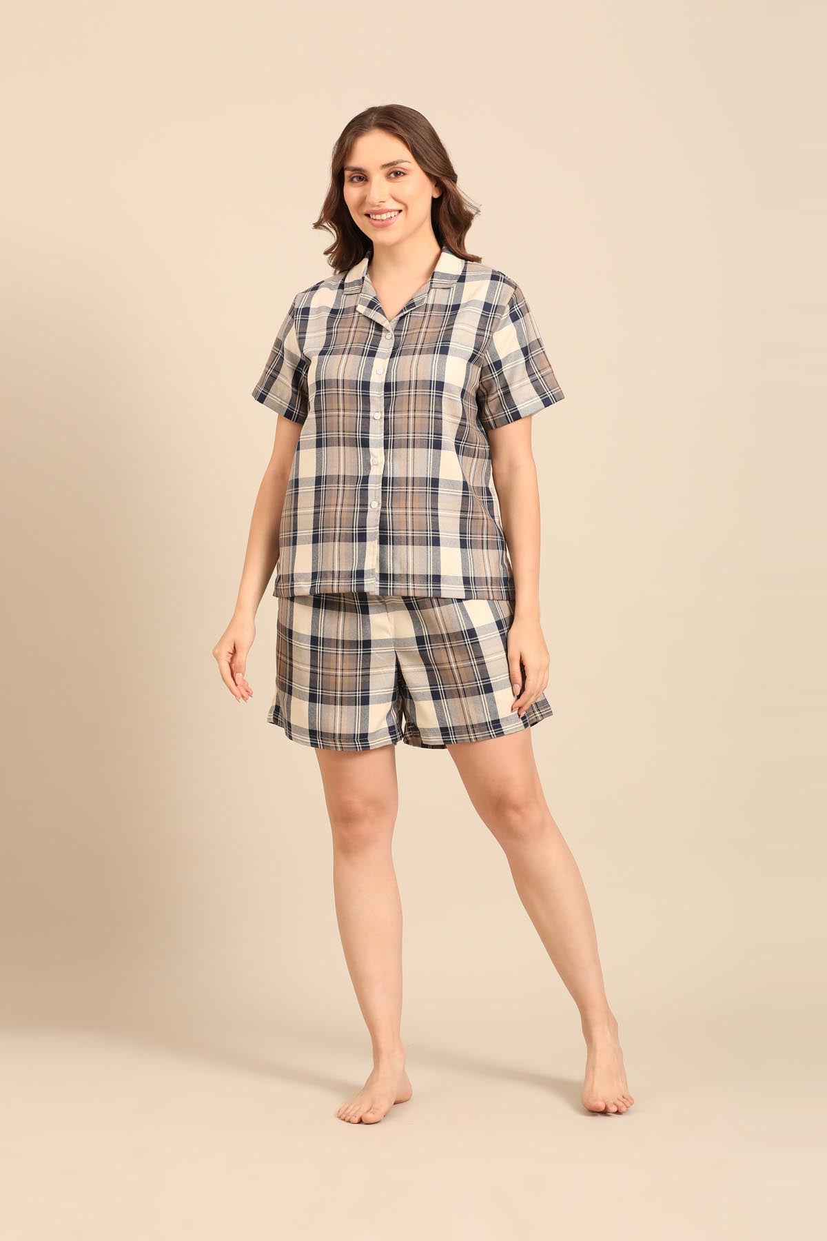 Georgia Plaid Cotton Twill Women's Shorts Set - Half Sleeves