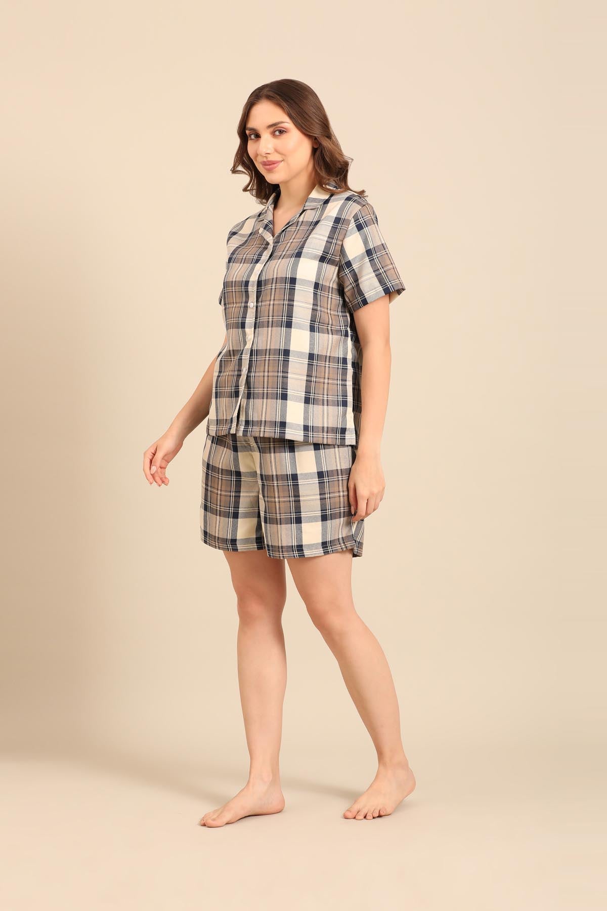 Georgia Plaid Cotton Twill Women's Shorts Set - Half Sleeves