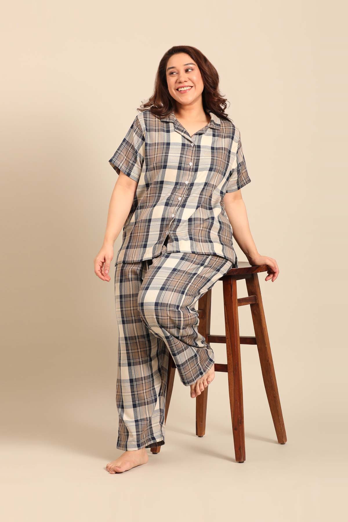 Georgia Plaid Cotton Twill Women's Curve Pajama Set - Half Sleeves