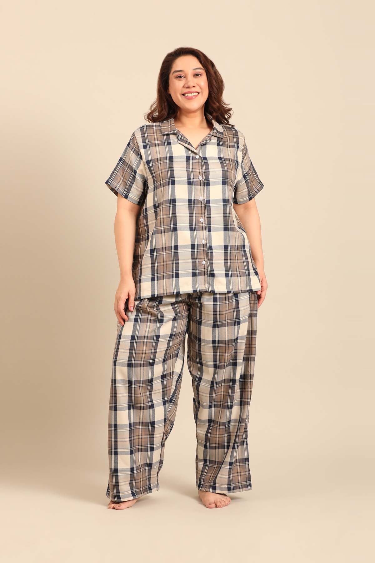 Georgia Plaid Cotton Twill Women's Curve Pajama Set - Half Sleeves