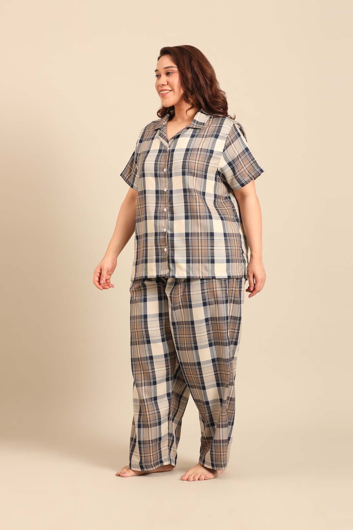 Georgia Plaid Cotton Twill Women's Curve Pajama Set - Half Sleeves