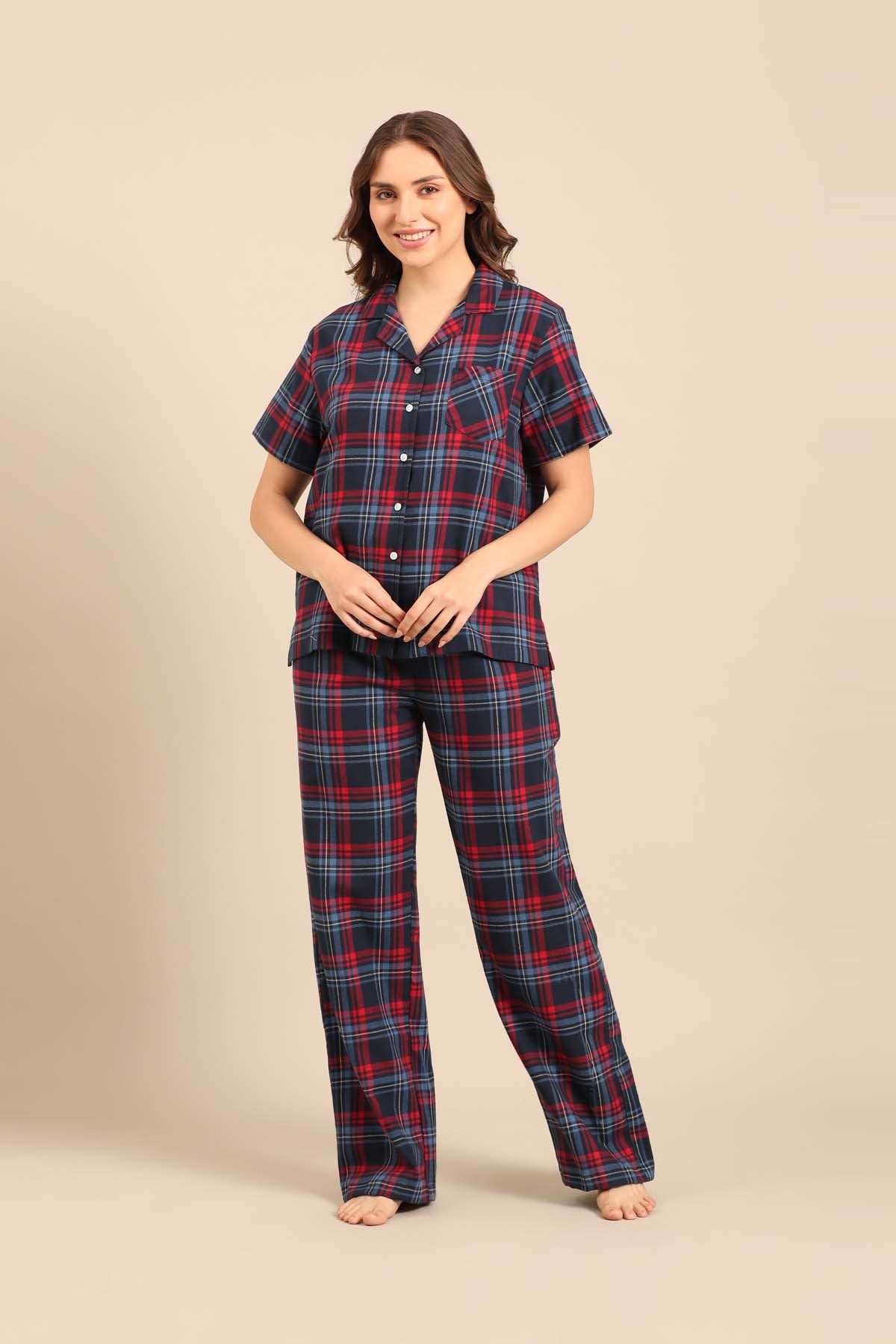 Elisa Plaid Cotton Twill Women's Pajama Set - Half Sleeves
