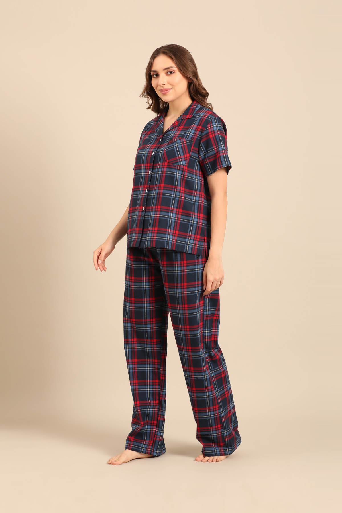 Elisa Plaid Cotton Twill Women's Pajama Set - Half Sleeves
