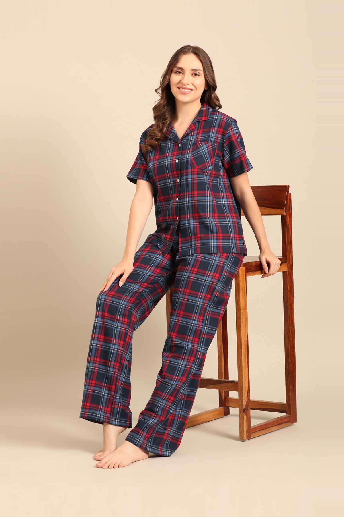 Elisa Plaid Cotton Twill Women's Pajama Set - Half Sleeves