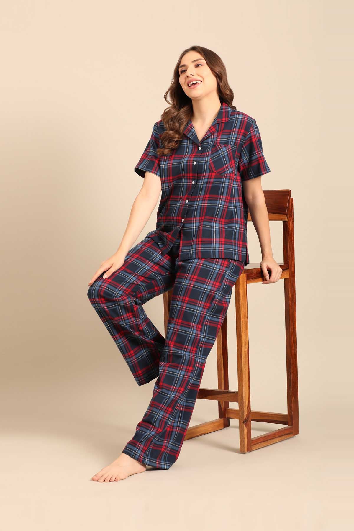 Elisa Plaid Cotton Twill Women's Pajama Set - Half Sleeves