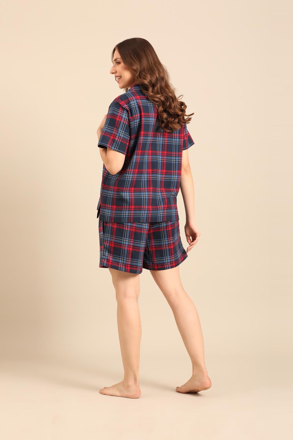 Elisa Plaid Cotton Twill Women's Shorts Set - Half Sleeves