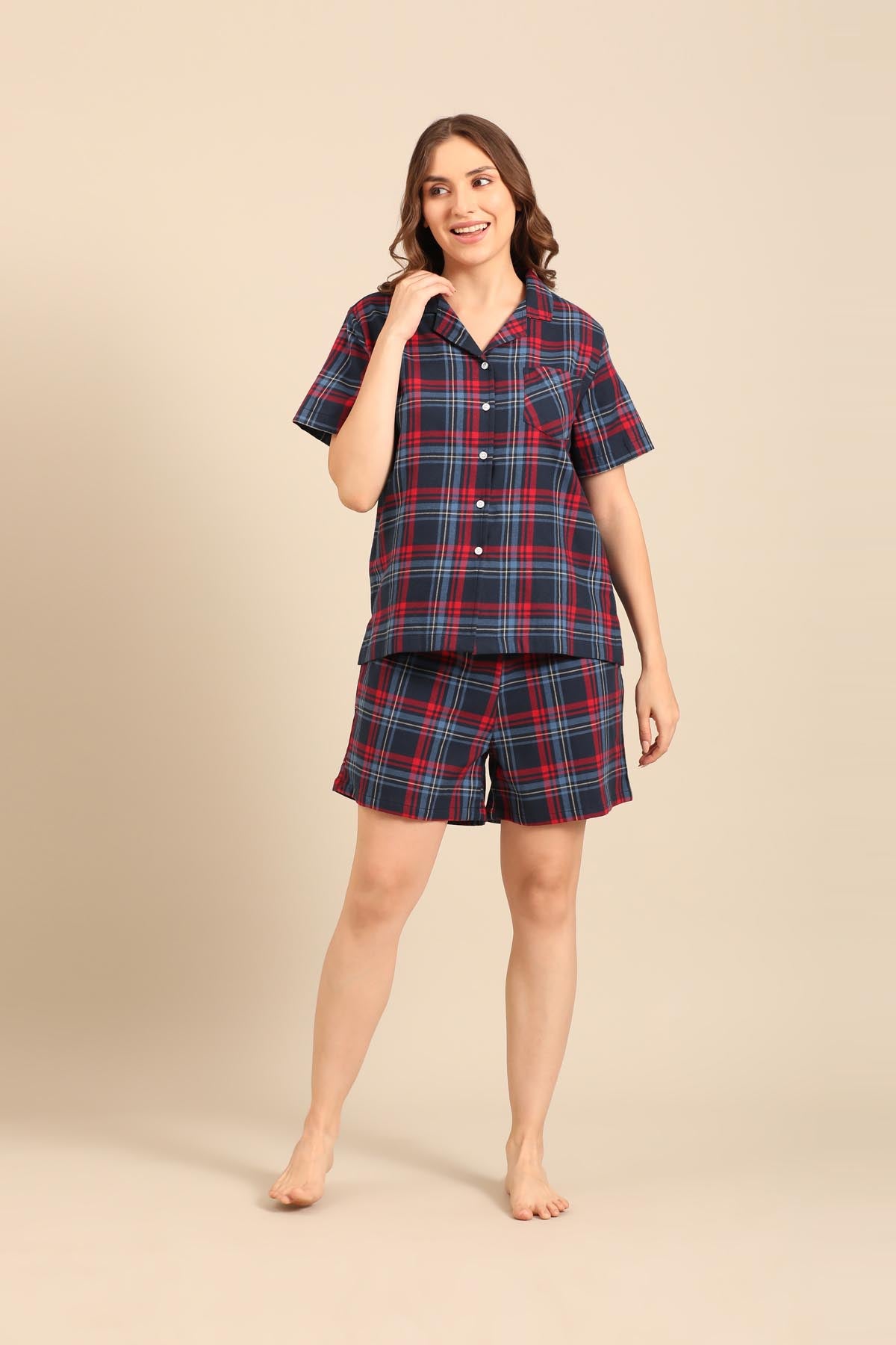 Elisa Plaid Cotton Twill Women's Shorts Set - Half Sleeves