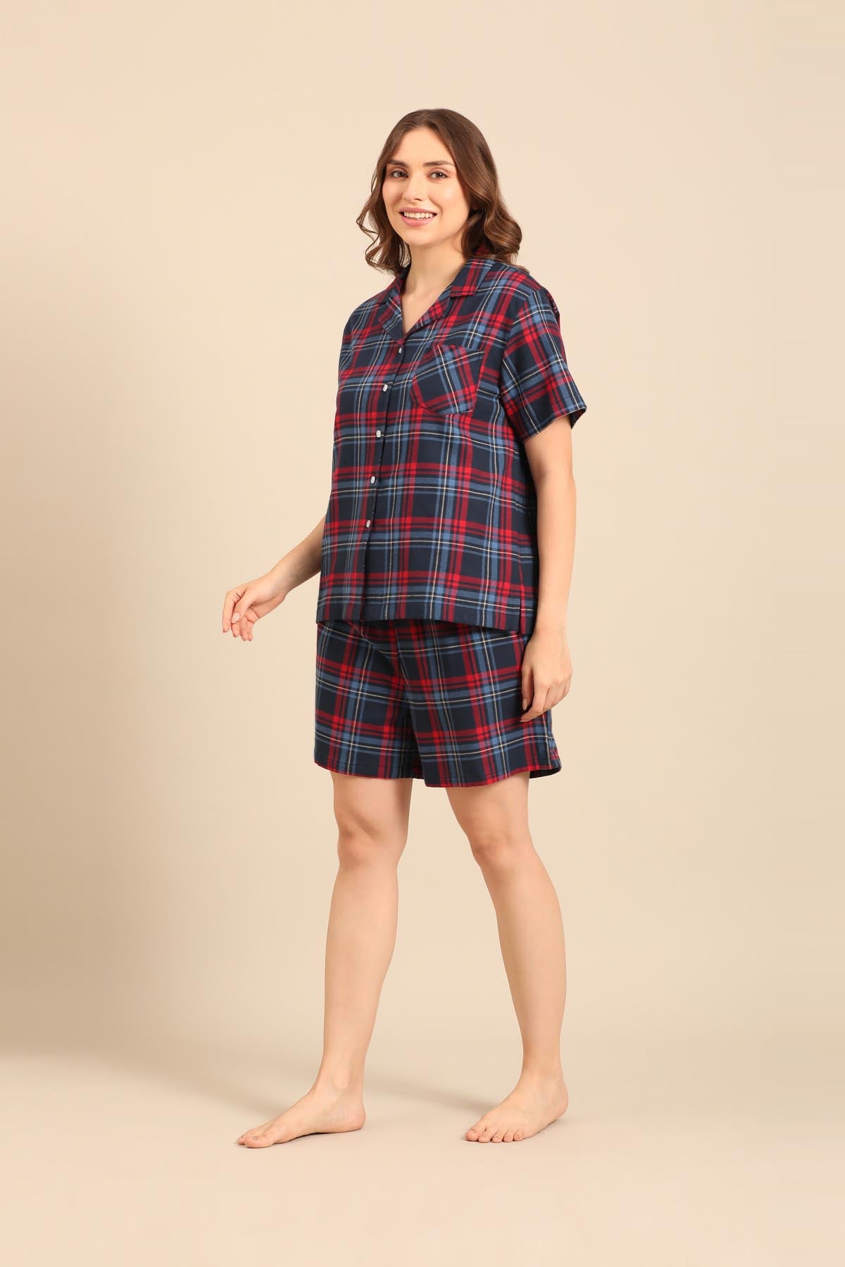 Elisa Plaid Cotton Twill Women's Shorts Set - Half Sleeves