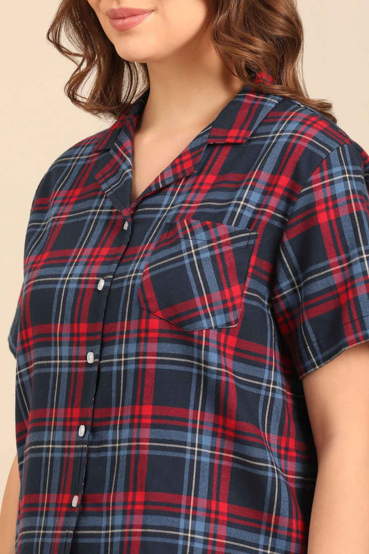 Elisa Plaid Cotton Twill Women's Shorts Set - Half Sleeves