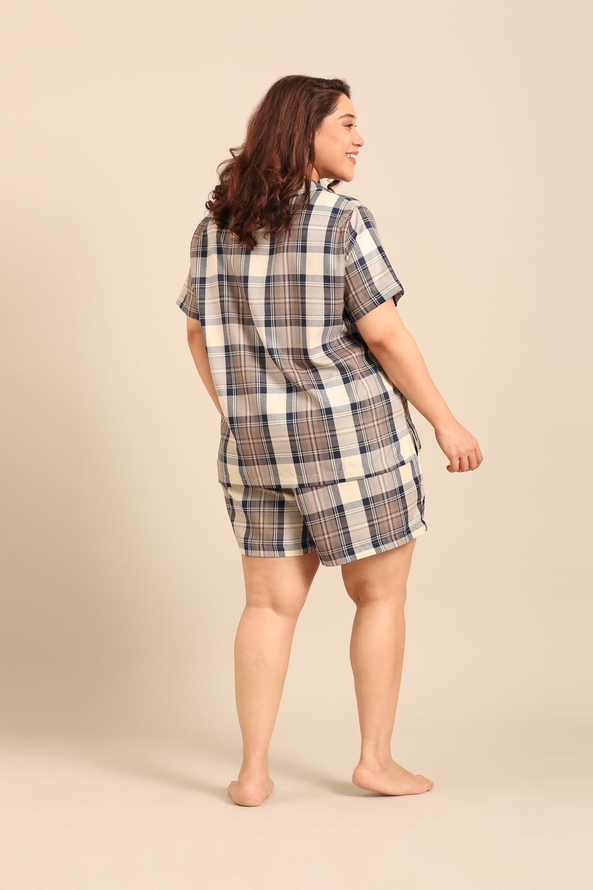 Georgia Plaid Cotton Twill Women's Curve Shorts Set - Half Sleeves