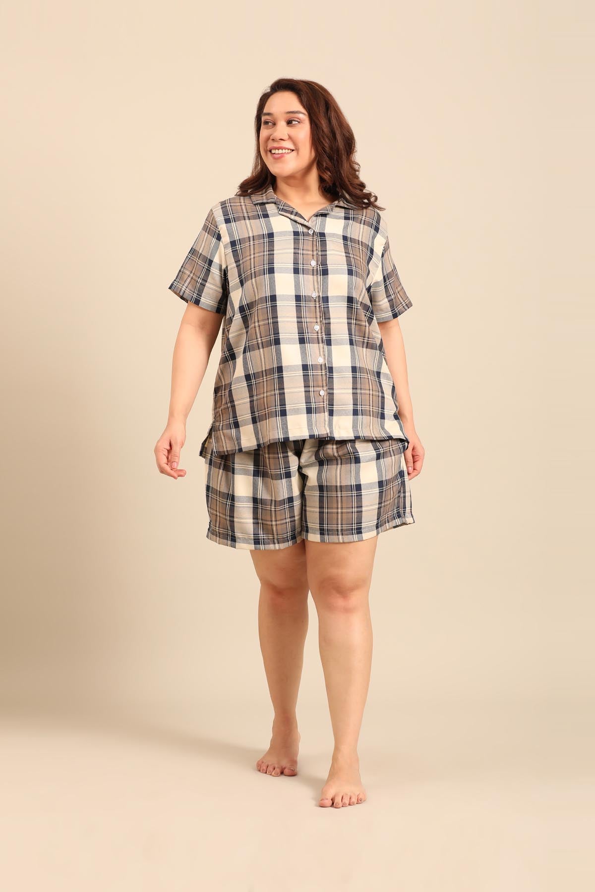 Georgia Plaid Cotton Twill Women's Curve Shorts Set - Half Sleeves