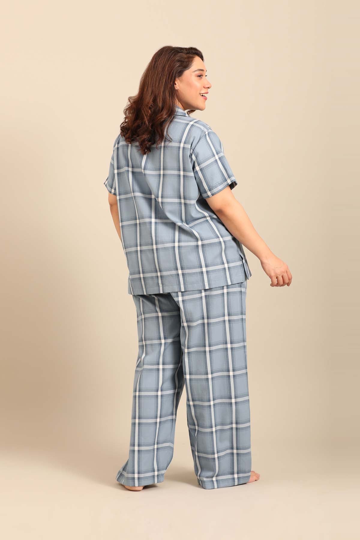 Chloe Blue Check Soft Cotton Women's Curve Pajama Set - Half Sleeves