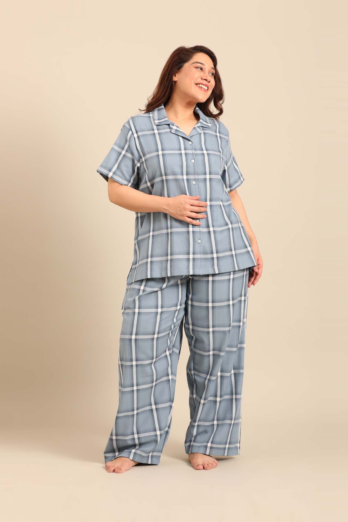 Chloe Blue Check Soft Cotton Women's Curve Pajama Set - Half Sleeves