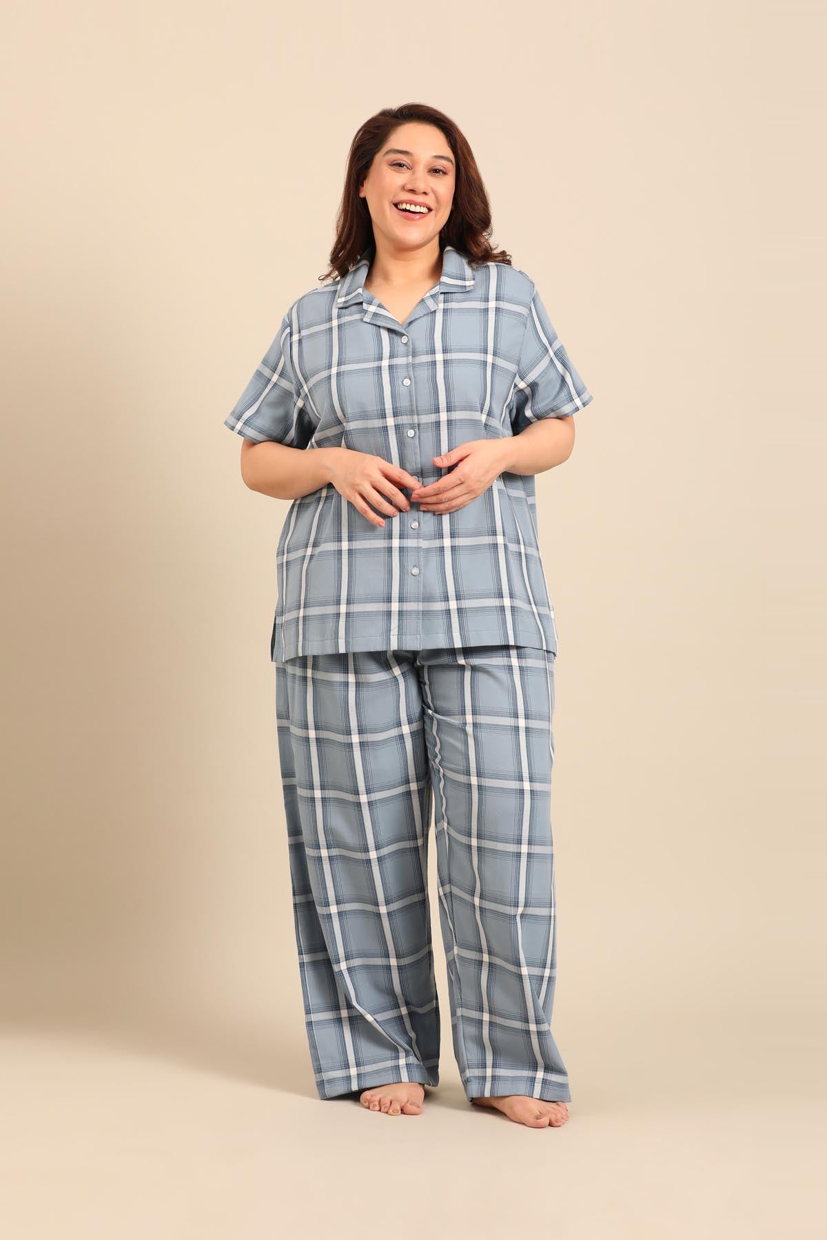 Chloe Blue Check Soft Cotton Women's Curve Pajama Set - Half Sleeves
