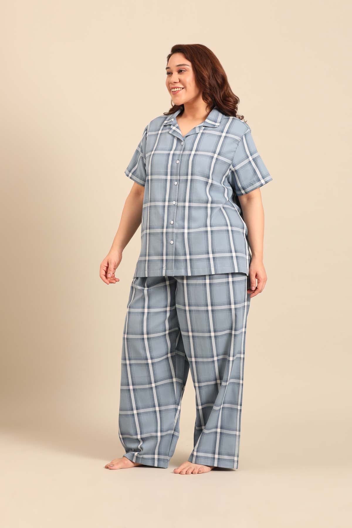 Chloe Blue Check Soft Cotton Women's Curve Pajama Set - Half Sleeves