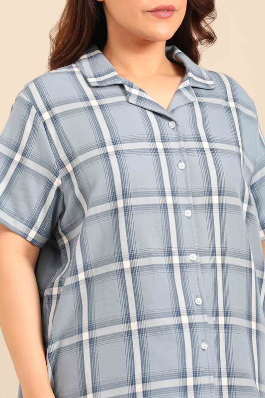 Chloe Blue Check Soft Cotton Women's Curve Pajama Set - Half Sleeves
