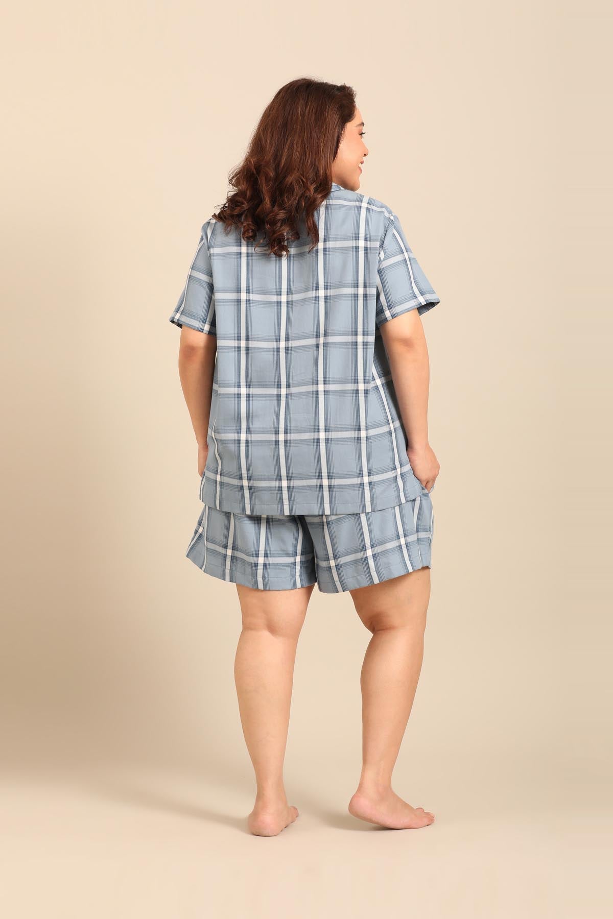Chloe Blue Check Soft Cotton Women's Curve Shorts Set - Half Sleeves