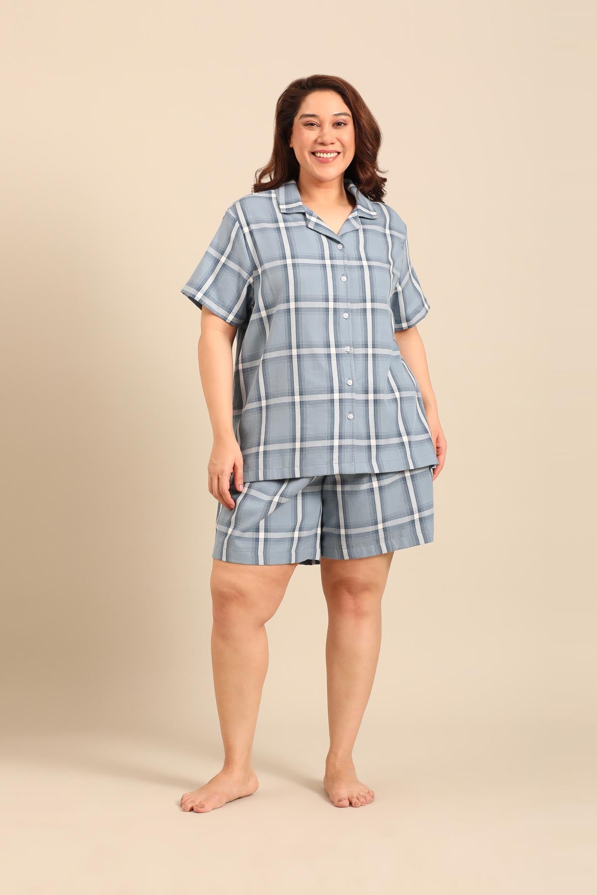 Chloe Blue Check Soft Cotton Women's Curve Shorts Set - Half Sleeves