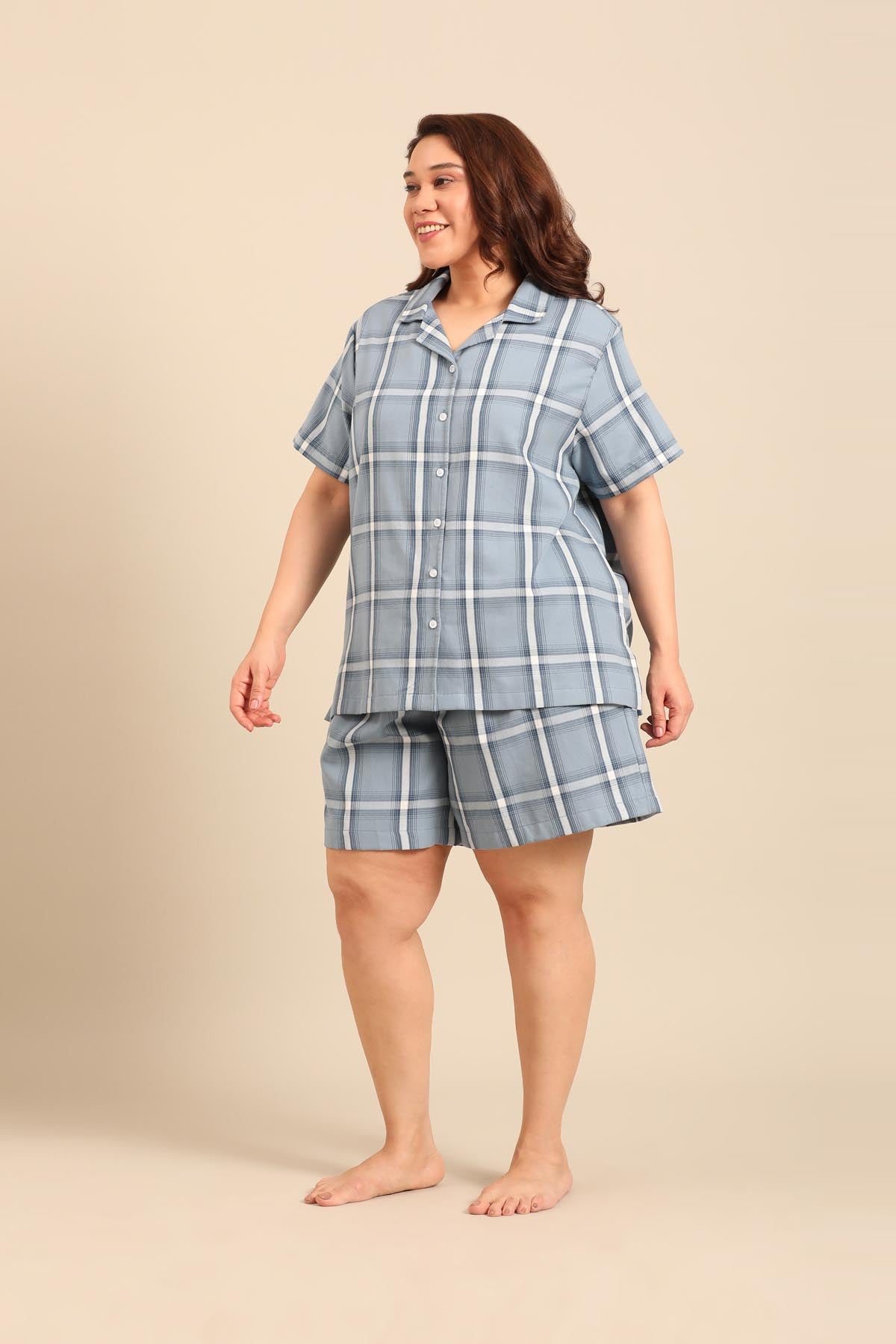 Chloe Blue Check Soft Cotton Women's Curve Shorts Set - Half Sleeves