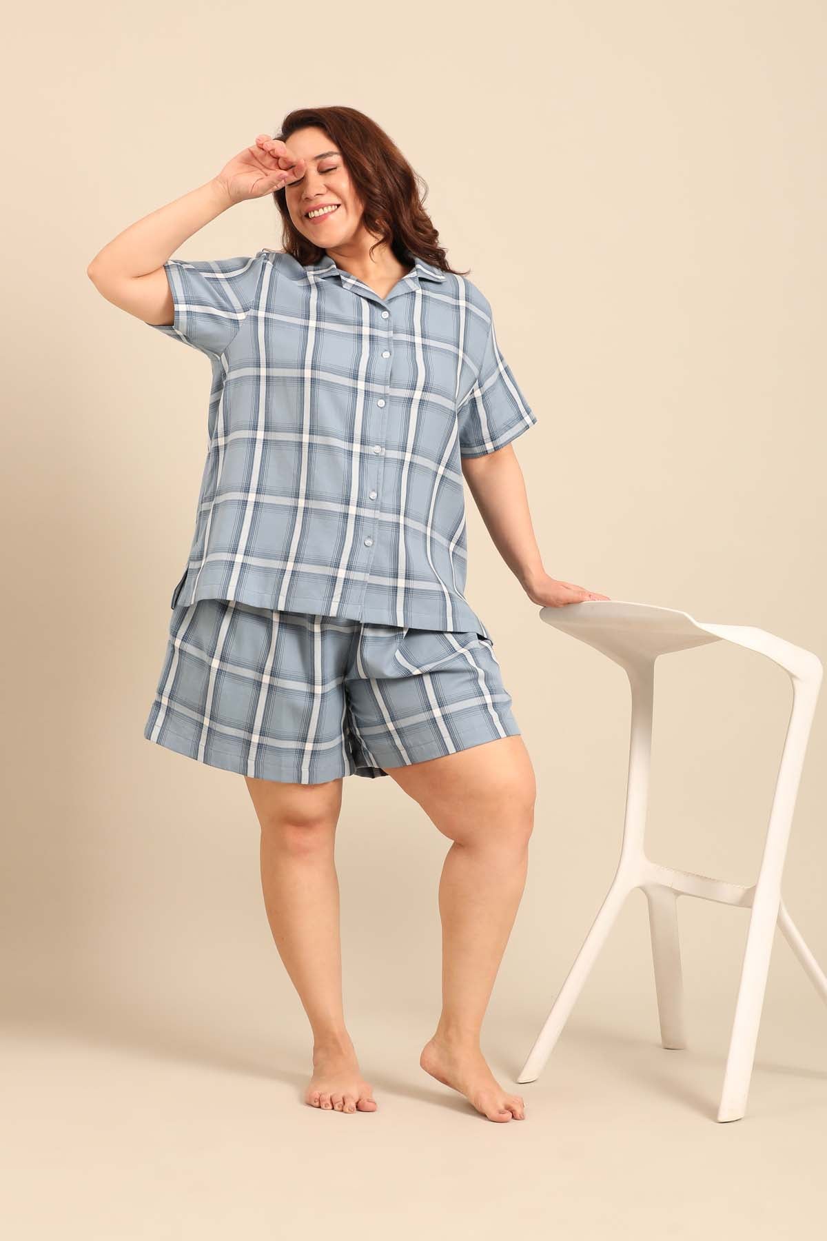 Chloe Blue Check Soft Cotton Women's Curve Shorts Set - Half Sleeves