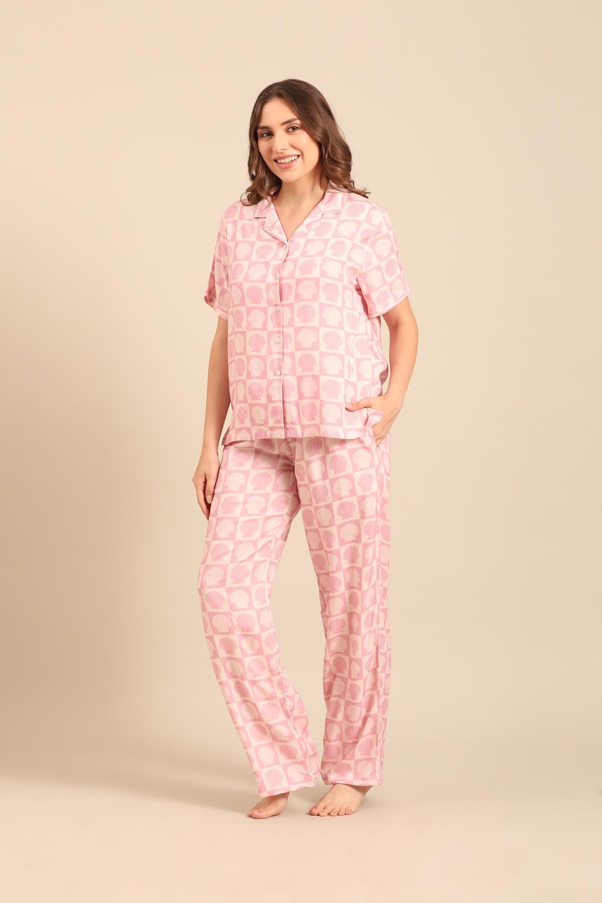 Moana Shells Viscose Women's Pajama Set - Half Sleeves