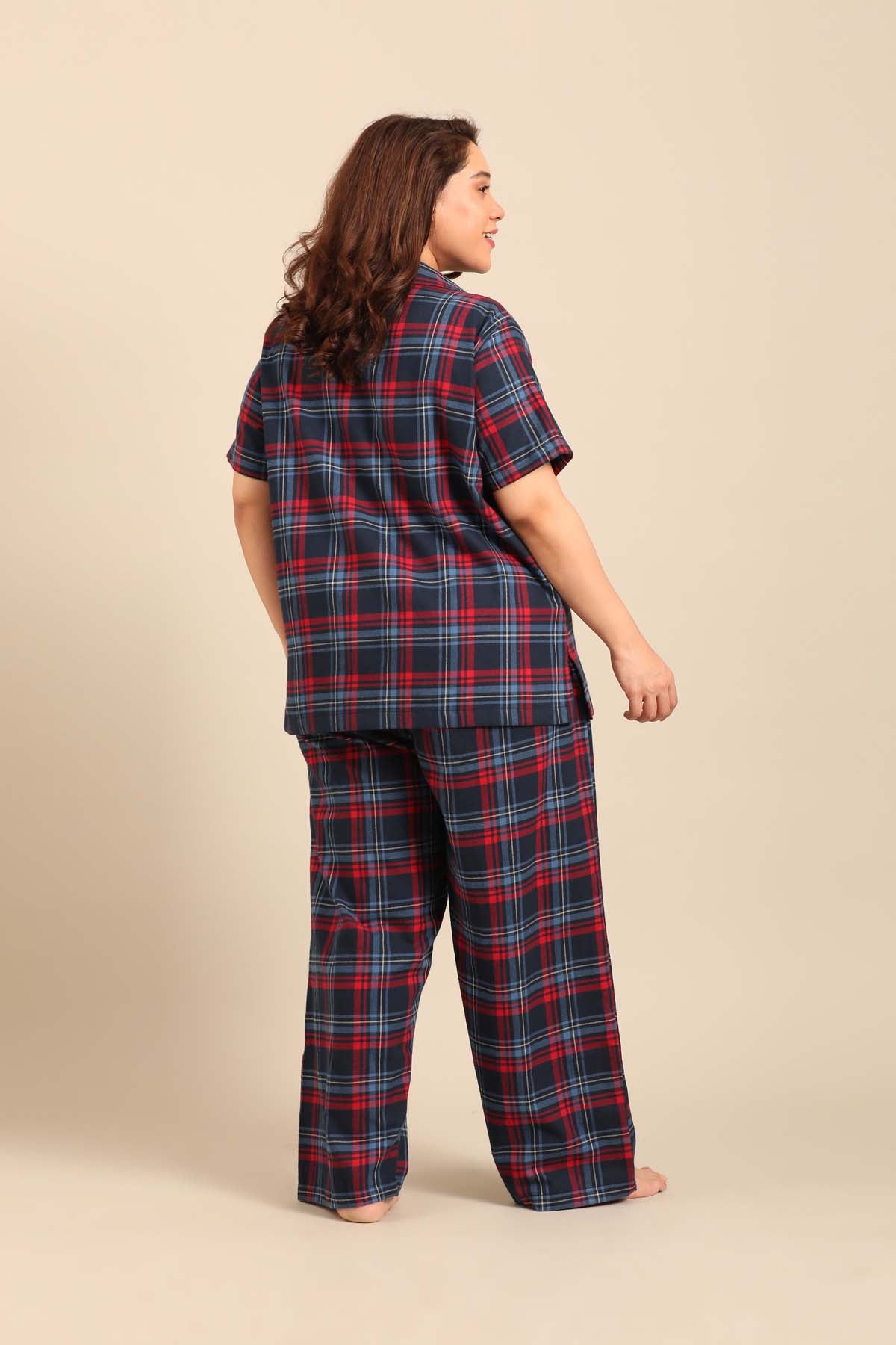 Elisa Plaid Cotton Twill Women's Curve Pajama Set - Half Sleeves