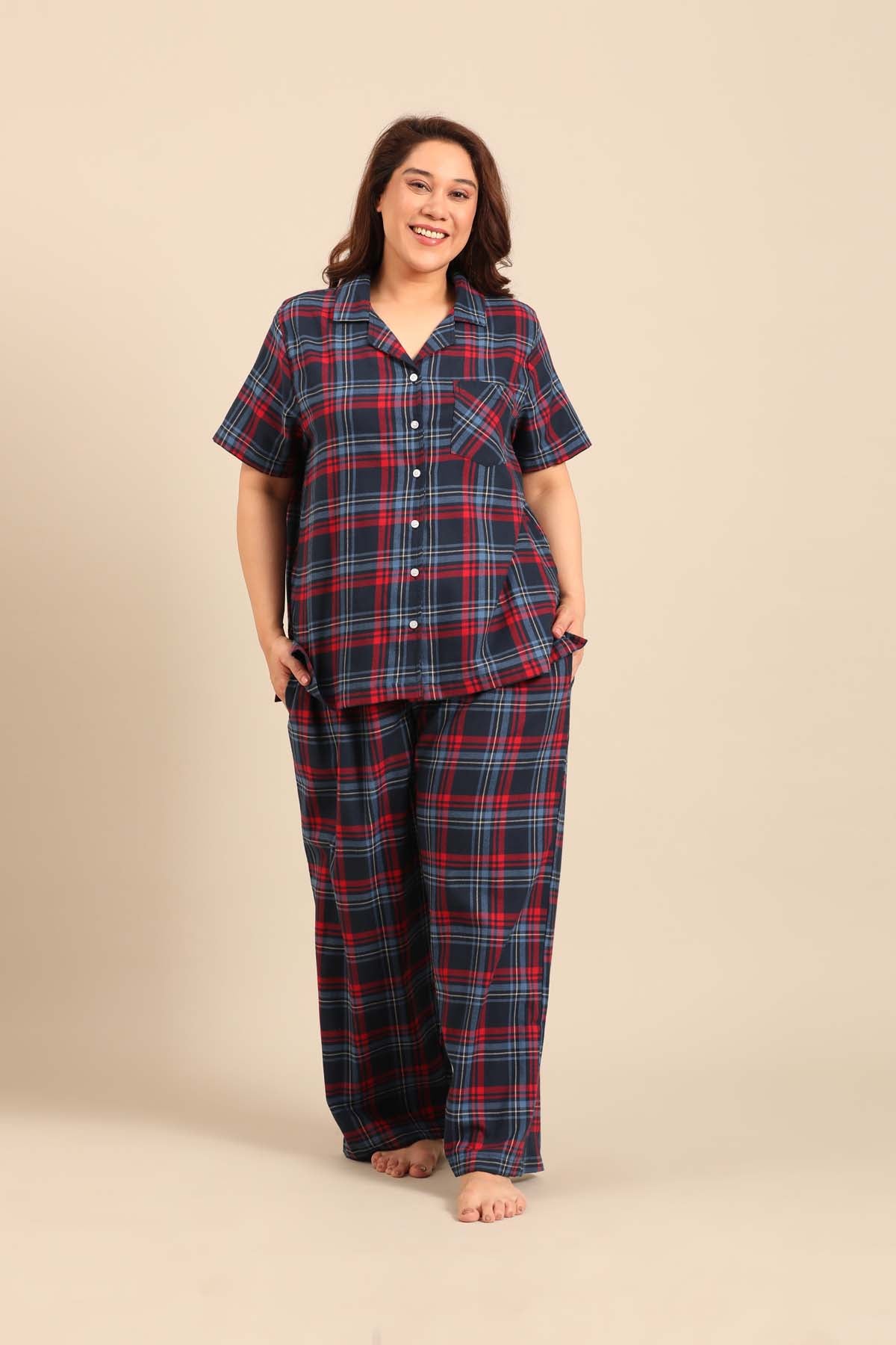 Elisa Plaid Cotton Twill Women's Curve Pajama Set - Half Sleeves