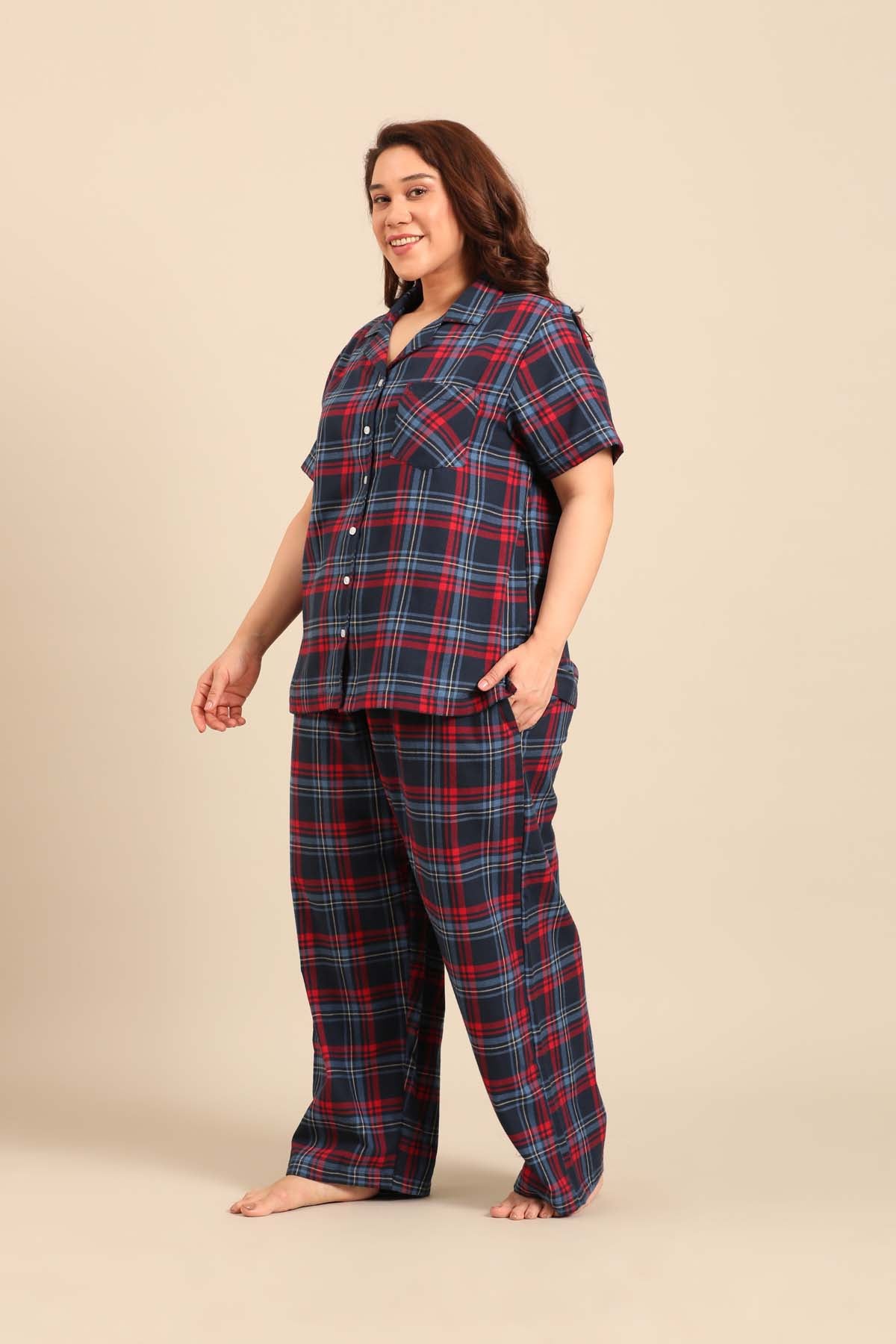 Elisa Plaid Cotton Twill Women's Curve Pajama Set - Half Sleeves