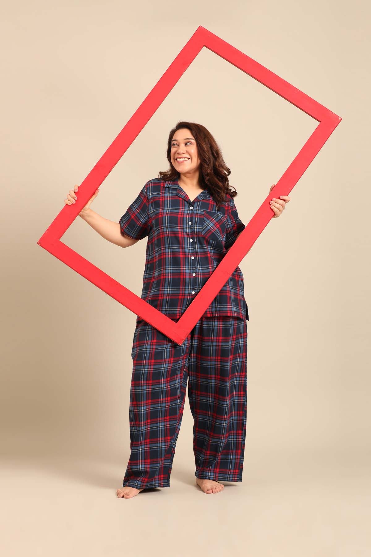 Elisa Plaid Cotton Twill Women's Curve Pajama Set - Half Sleeves