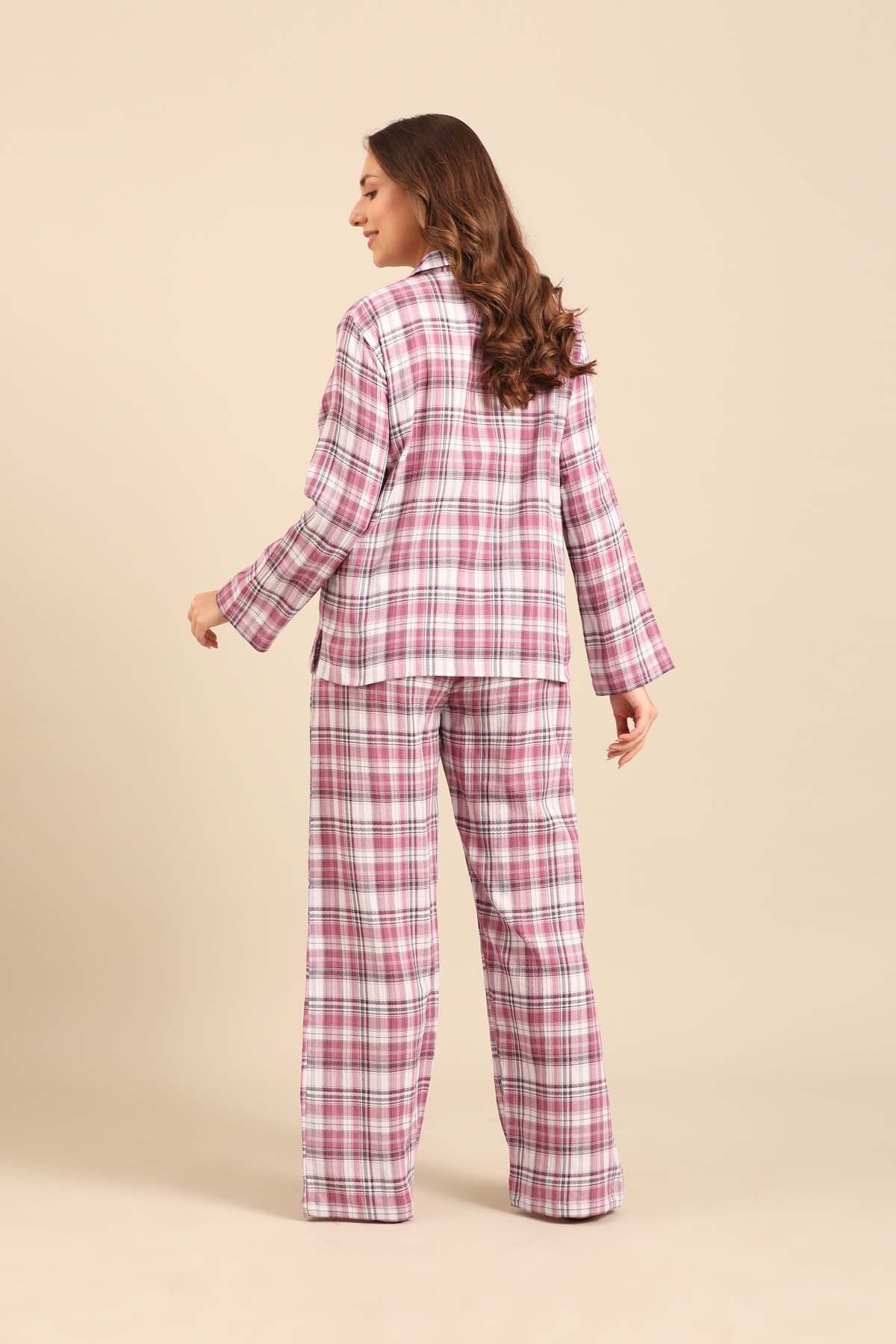 Violet Check Cotton Women's Pajama Set- Full Sleeves