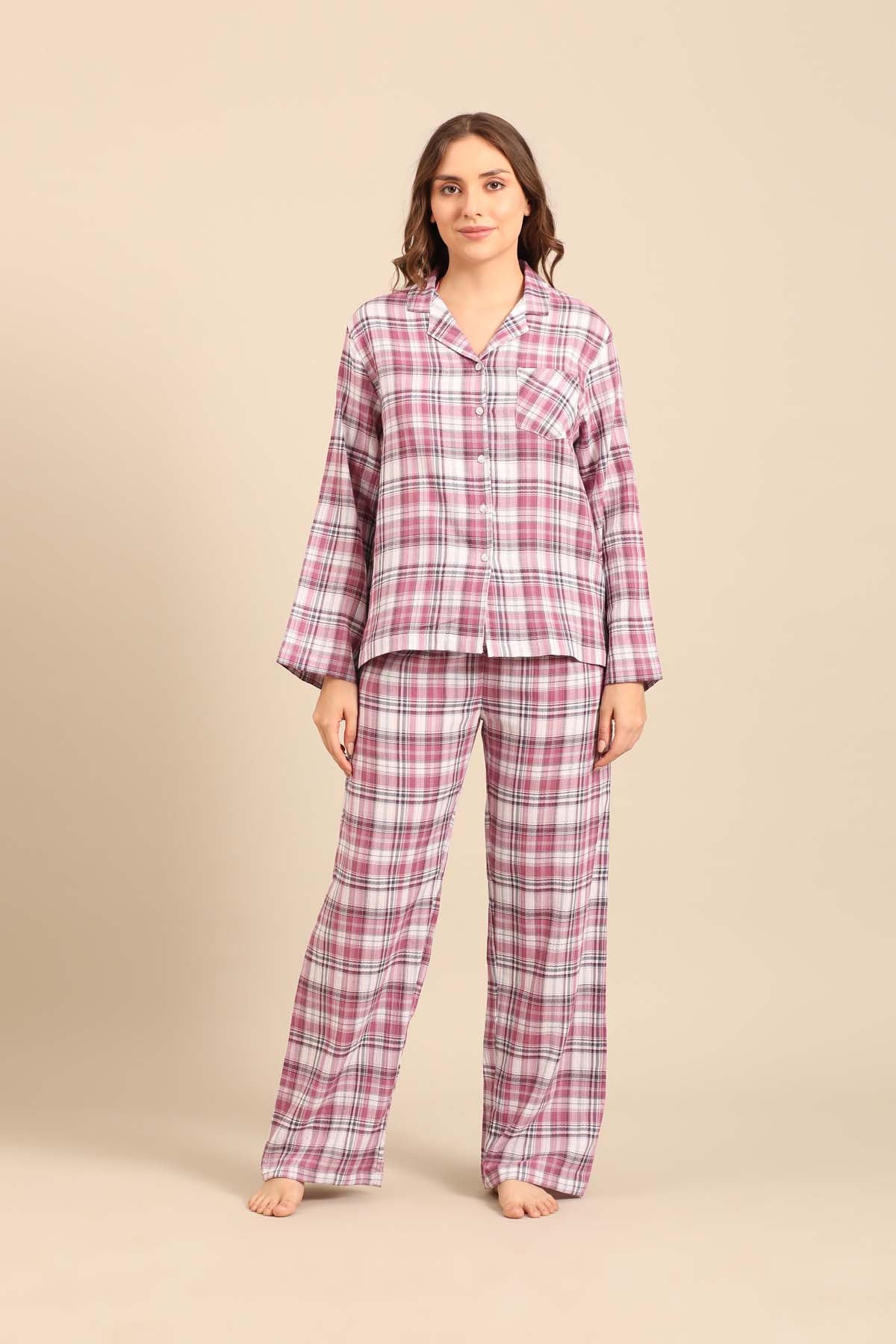 Violet Check Cotton Women's Pajama Set- Full Sleeves