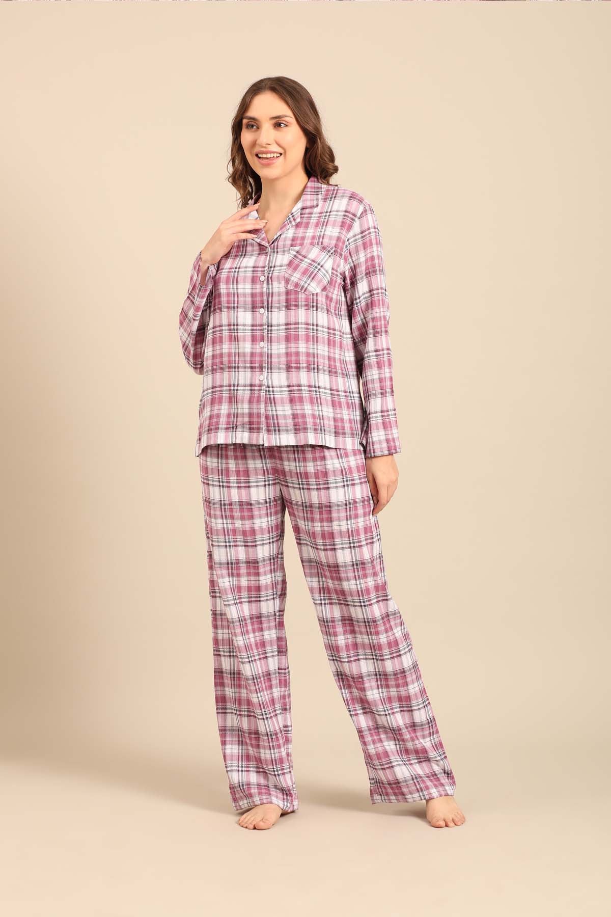 Violet Check Cotton Women's Pajama Set- Full Sleeves
