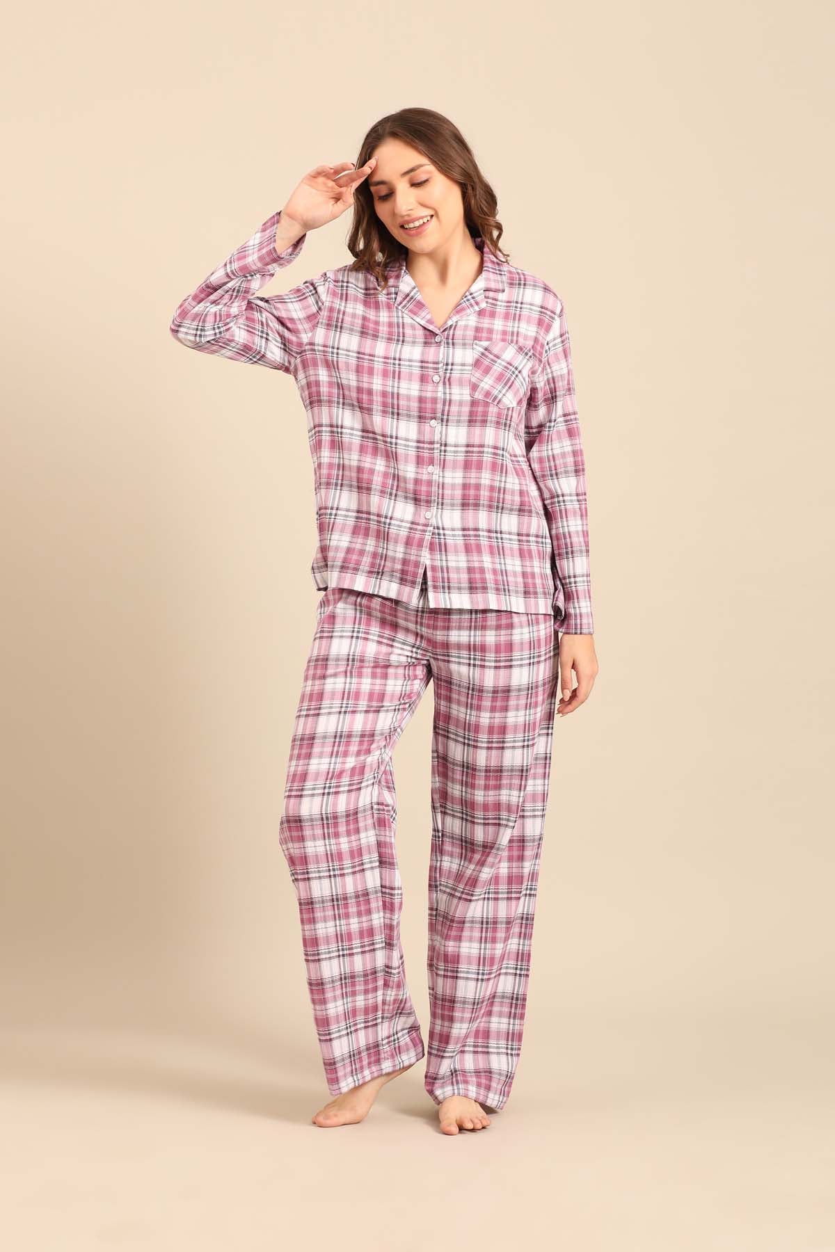 Violet Check Cotton Women's Pajama Set- Full Sleeves