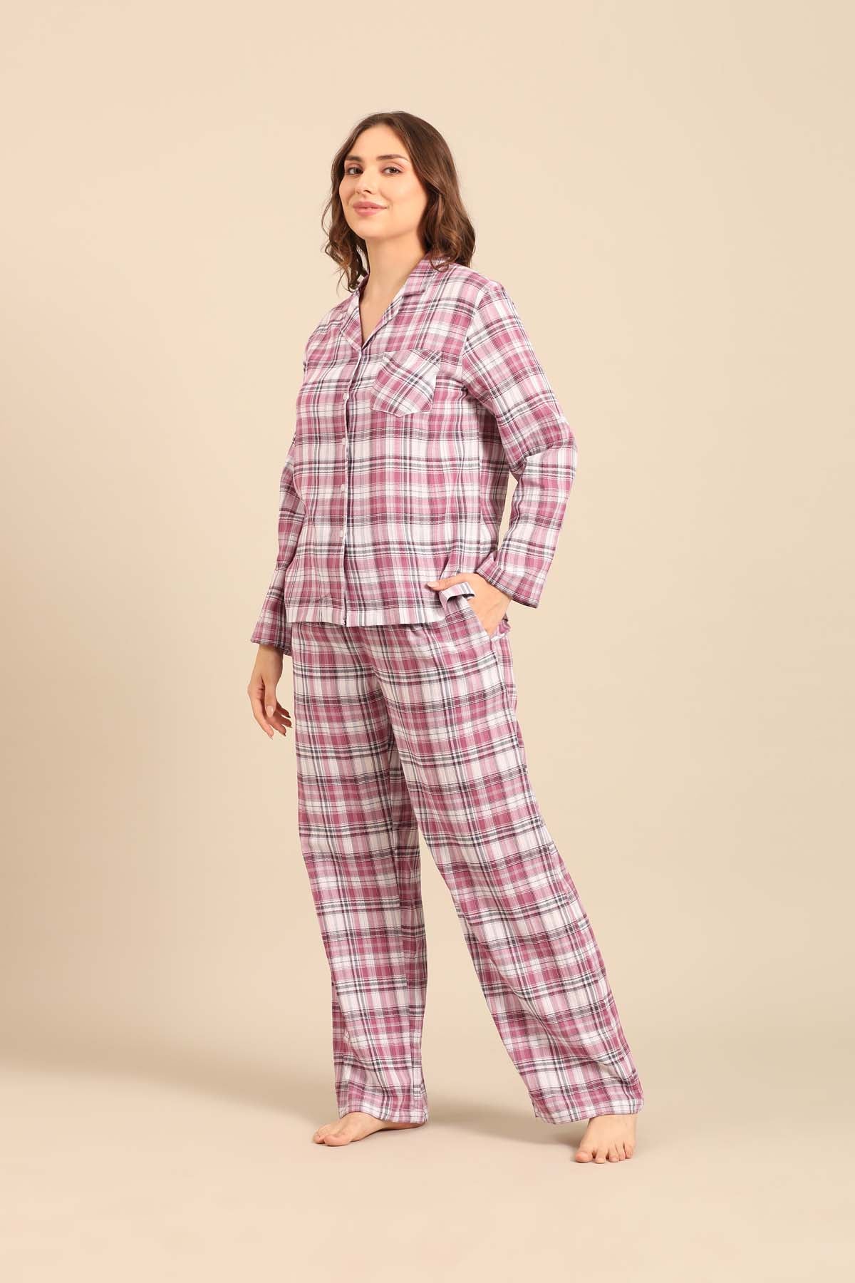 Violet Check Cotton Women's Pajama Set- Full Sleeves