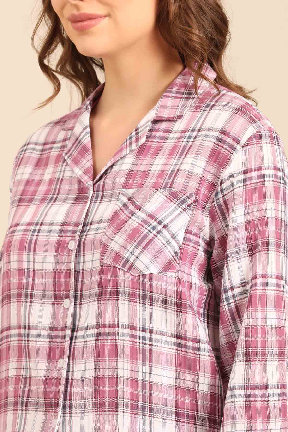 Violet Check Cotton Women's Pajama Set- Full Sleeves