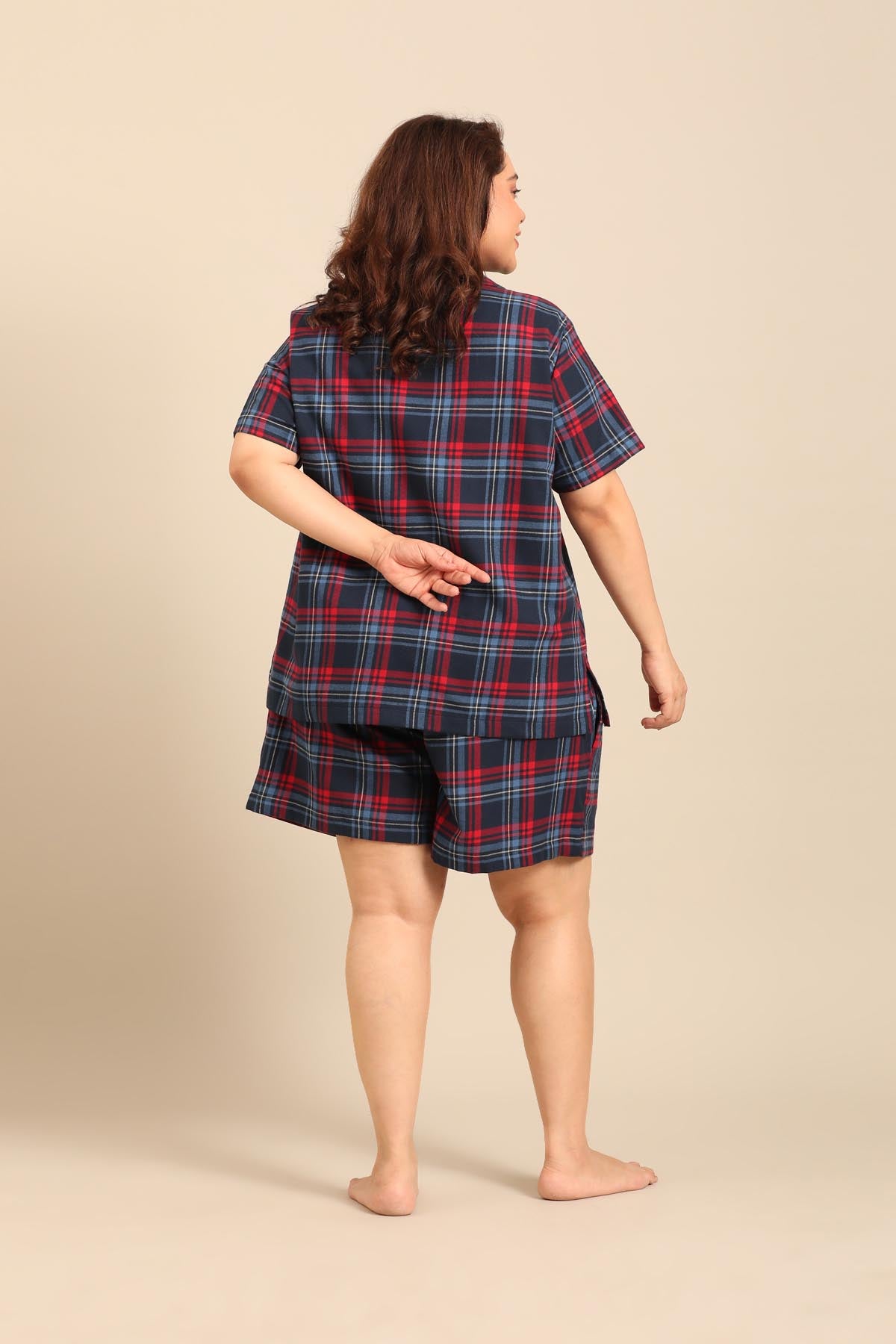 Elisa Plaid Cotton Twill Women's Curve Shorts Set - Half Sleeves