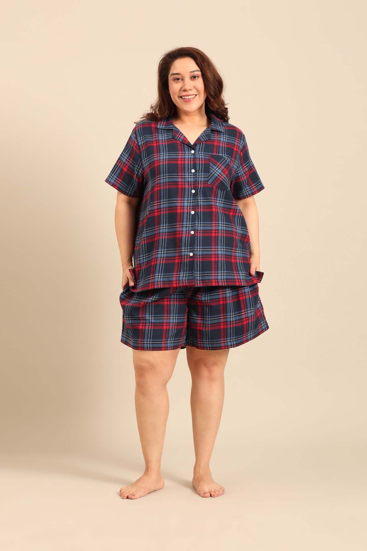 Elisa Plaid Cotton Twill Women's Curve Shorts Set - Half Sleeves