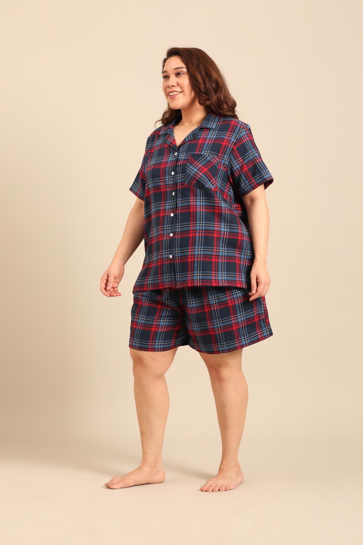 Elisa Plaid Cotton Twill Women's Curve Shorts Set - Half Sleeves