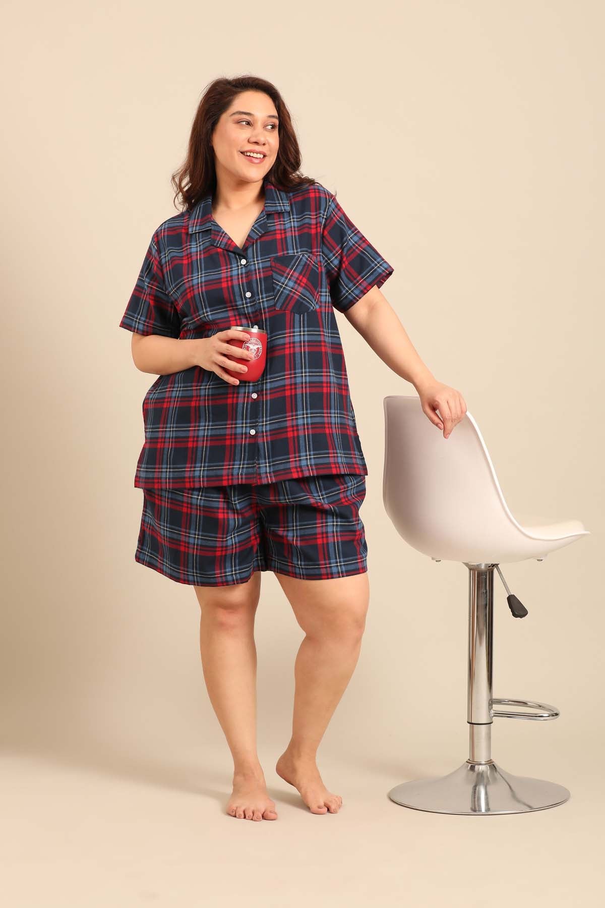 Elisa Plaid Cotton Twill Women's Curve Shorts Set - Half Sleeves