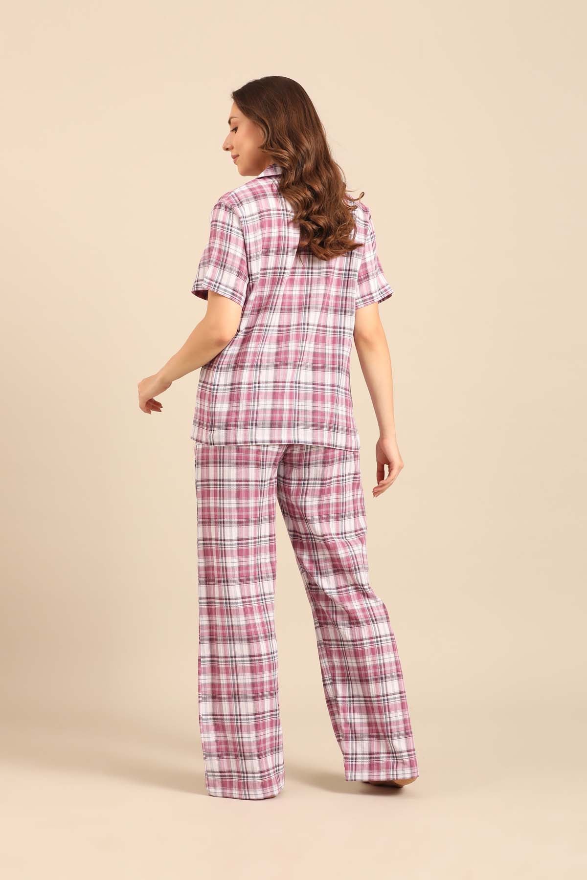 Violet Check Cotton Women's Pajama Set- Half Sleeves