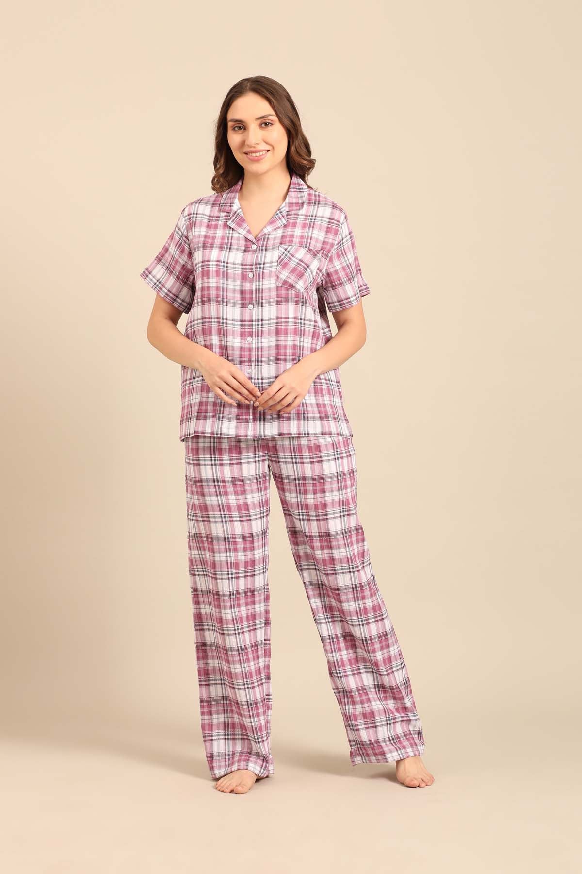 Violet Check Cotton Women's Pajama Set- Half Sleeves