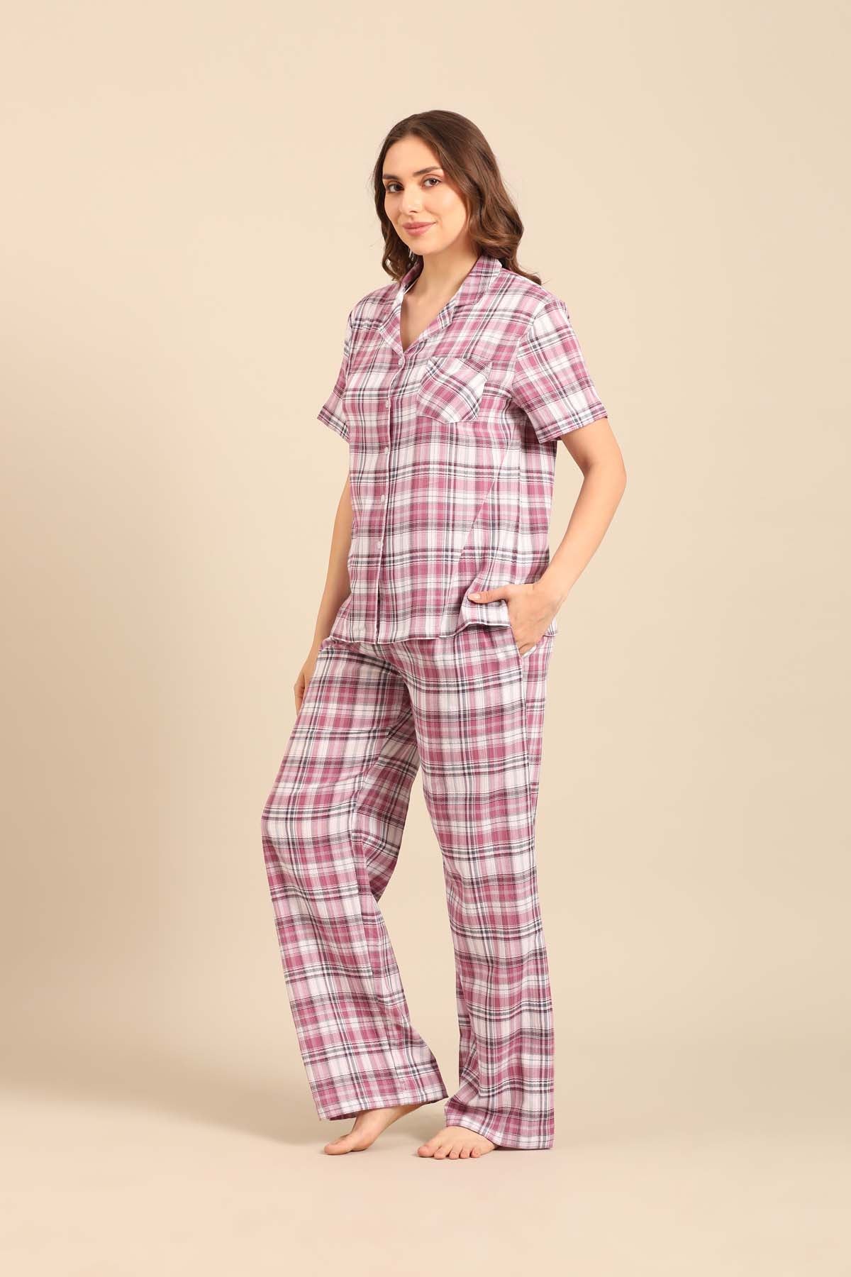 Violet Check Cotton Women's Pajama Set- Half Sleeves
