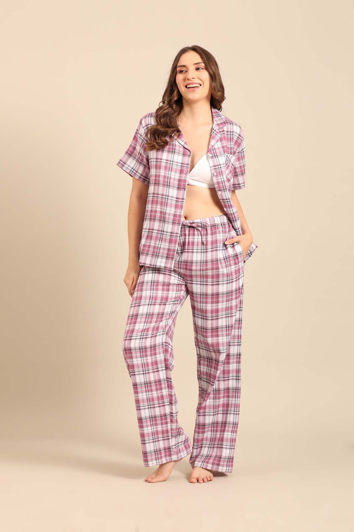 Violet Check Cotton Women's Pajama Set- Half Sleeves