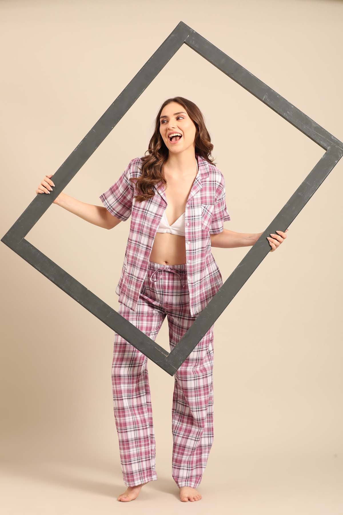 Violet Check Cotton Women's Pajama Set- Half Sleeves