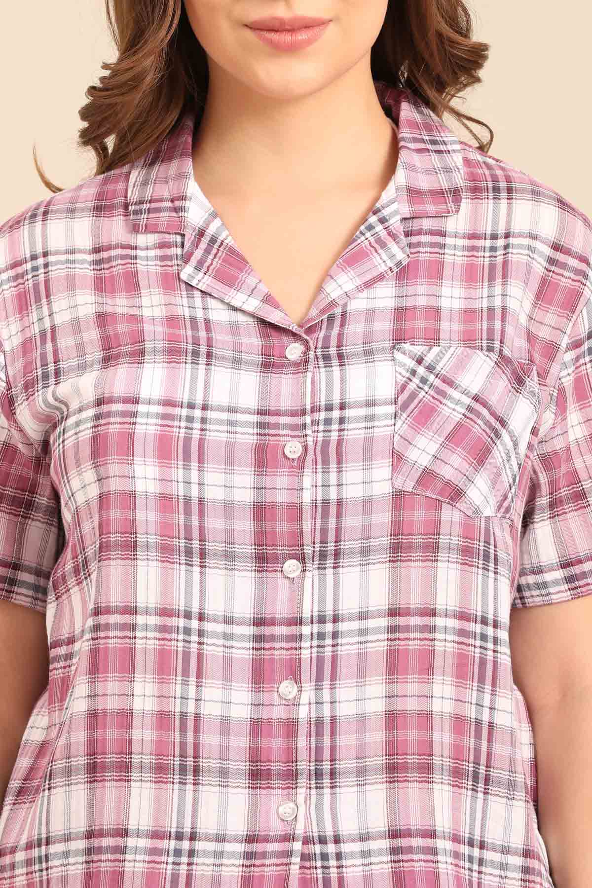 Violet Check Cotton Women's Shorts Set - Half Sleeves
