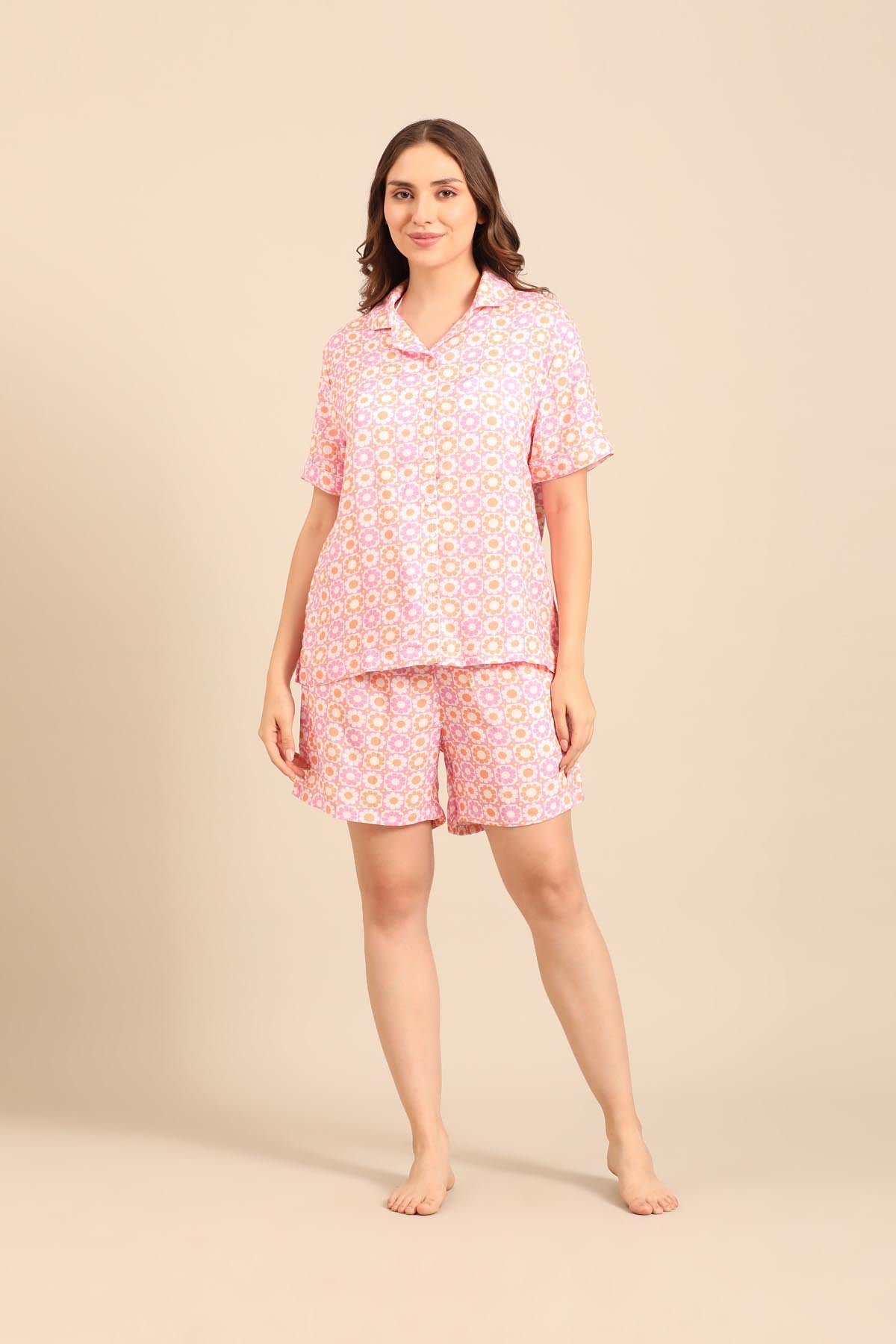 Irene Pink Floral Viscose Women's Shorts Set - Half Sleeves